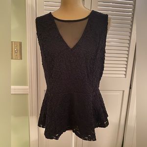 Black, sleeveless, peplum, lace, illusion, Suzy Shier top, size XL, sexy!